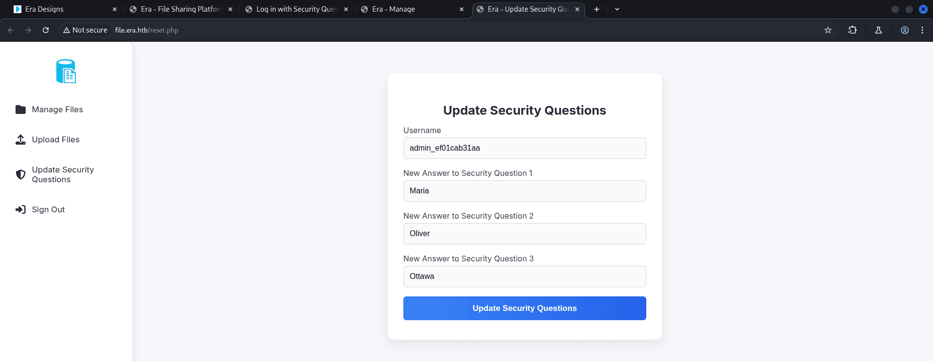 Era Storage - Updating the Security Questions for Admin Account