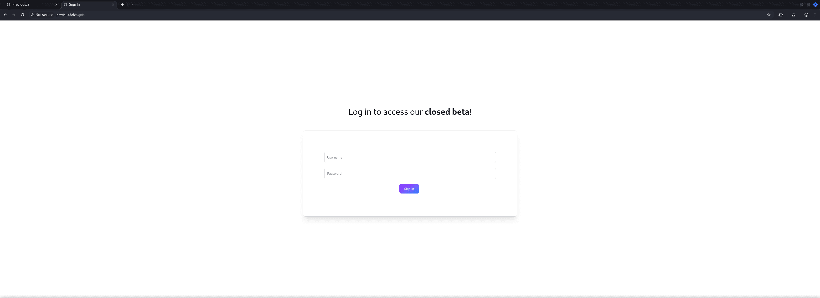 Hack-The-Box Previous Machine - Previous.htb Sign-In page