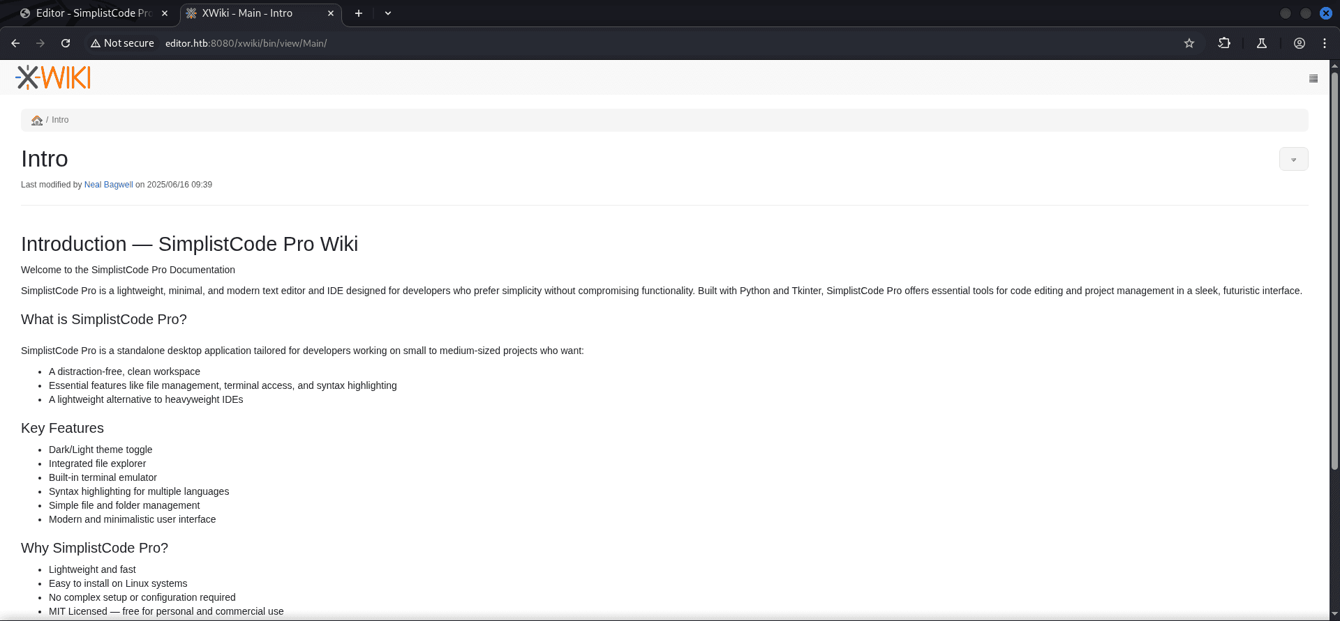 XWiki Website at port 8080/TCP