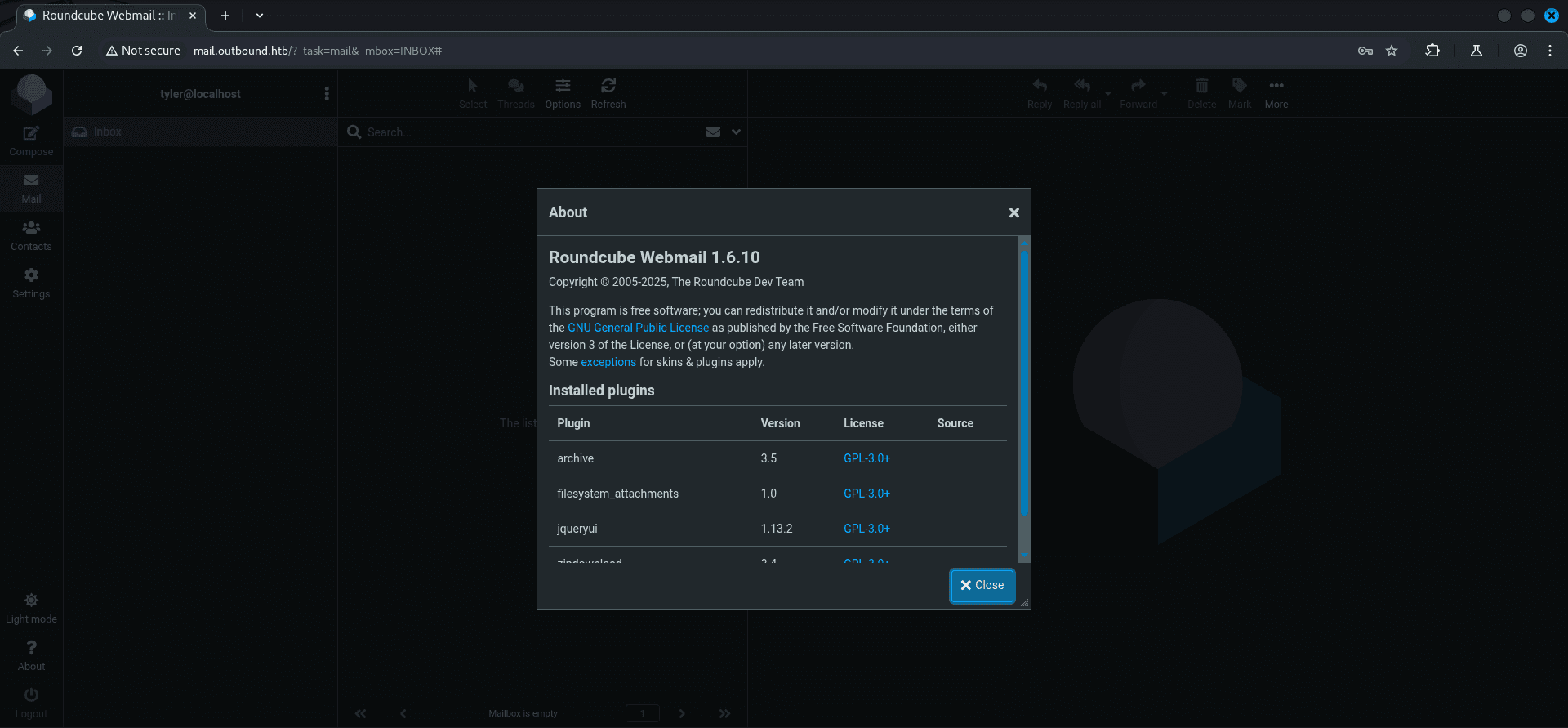HackTheBox OutBound Machine - RoundCube Version on Dashboard