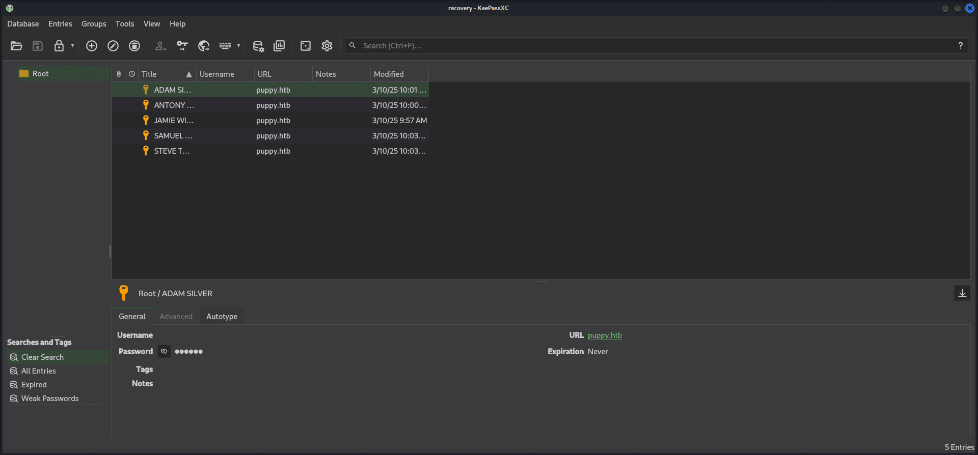 HackTheBox Puppy Machine - Keepass Decryption and Viewing Credentials